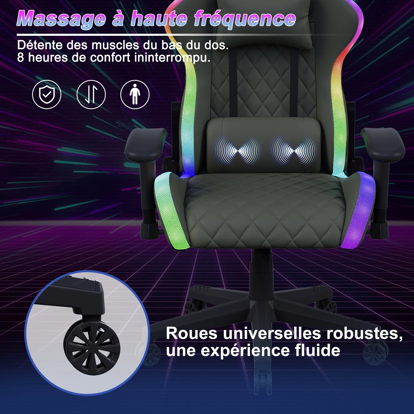 Superaly 72x58.5x125-133cm Ergonomic Gaming Chair RGB Light, Gamer Chair, PU Leather Office Chair with Headrest & Lumbar Cushion