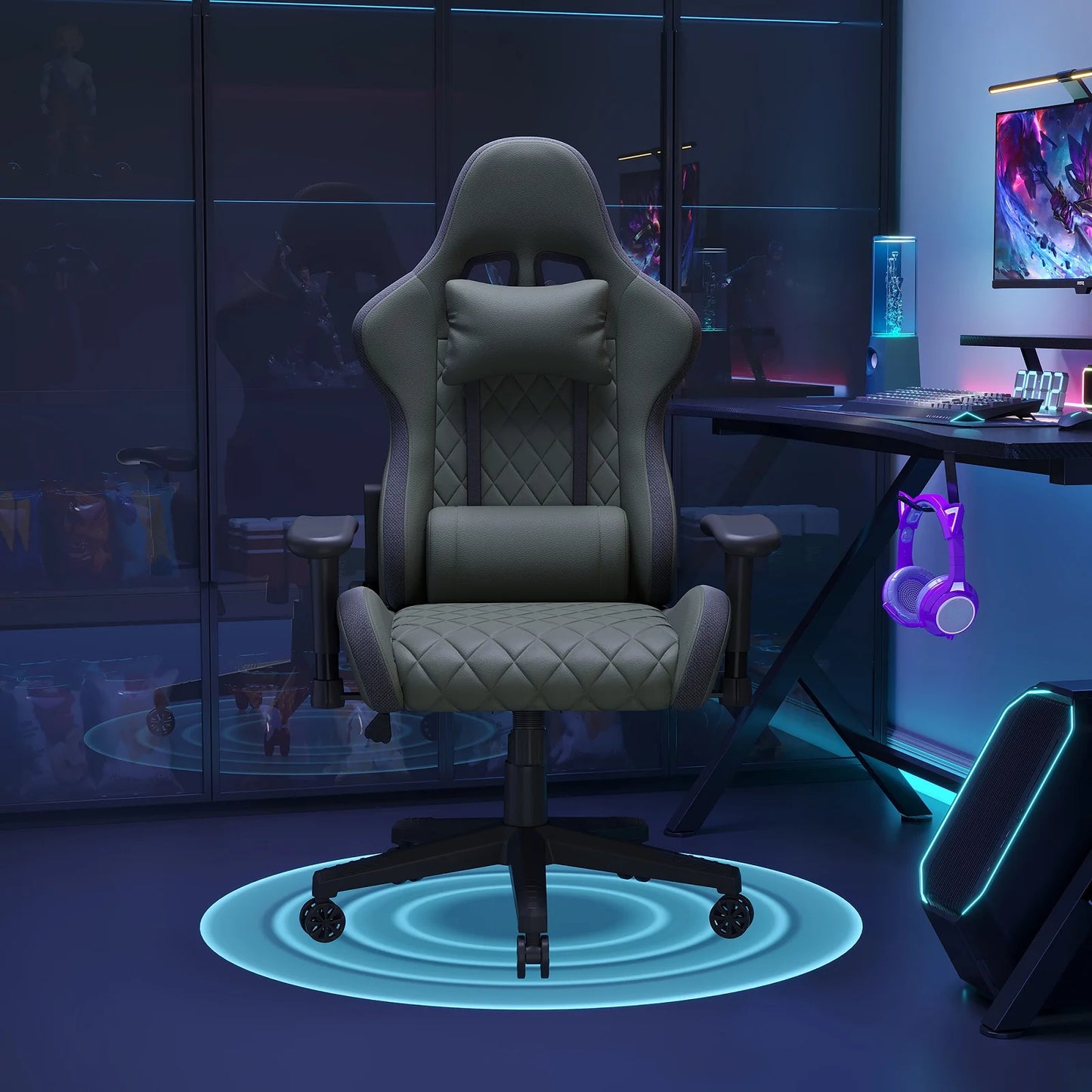 Ergonomic Gaming Chair with Massage Function, RGB LED Lights, Reclining Gaming Chair with Footrest, Adjustable Height PU Leather Office Gaming Chair