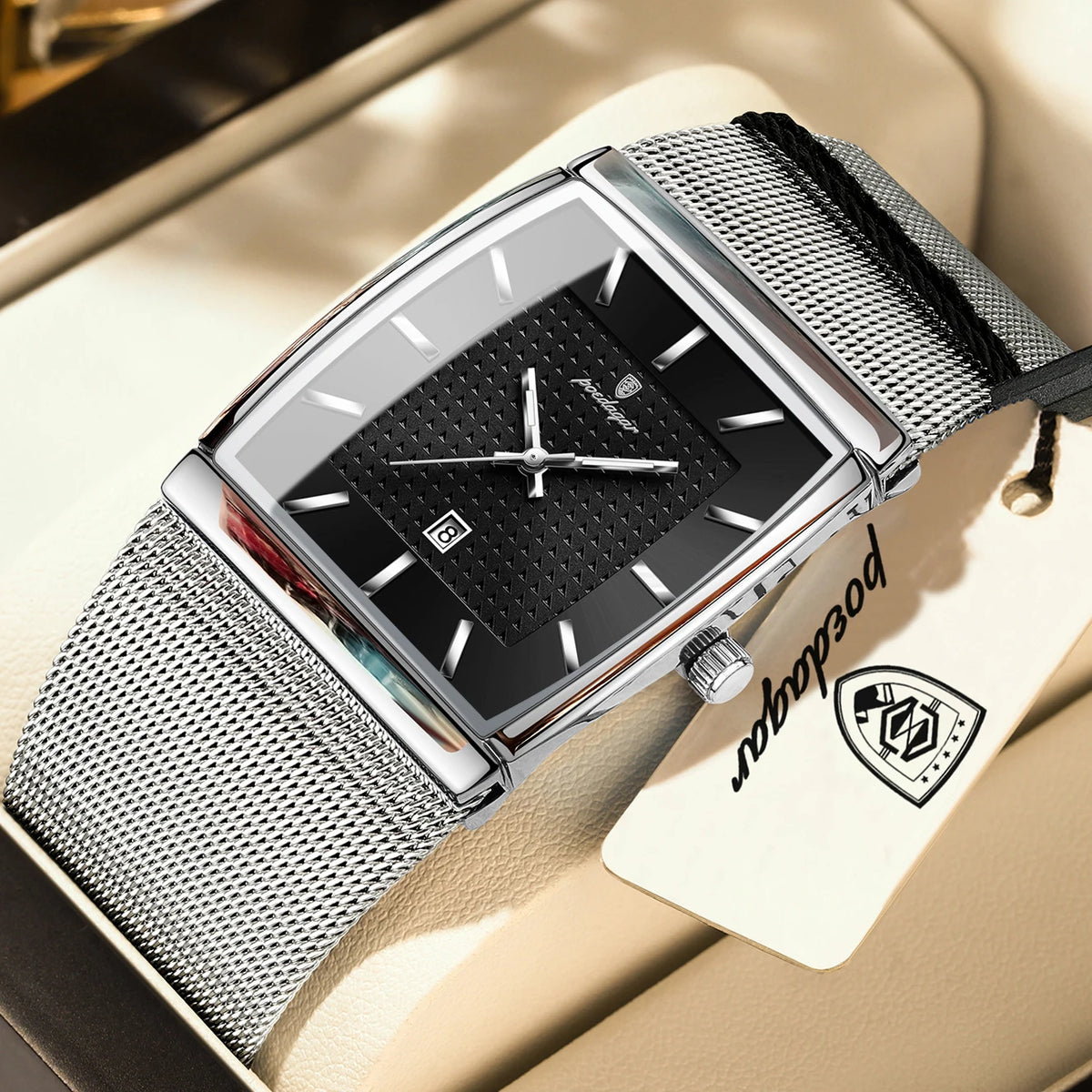 POEDAGAR Men’s Luxury Rectangle Quartz Watch Stainless Steel Mesh Strap, Luminous Dial & Date