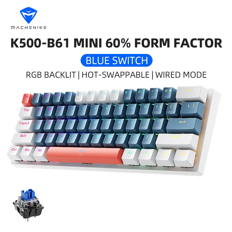 K500-B61 Machenike Mini teclado mecánico, formato 60%, 61 teclas, teclado gaming con cable, teclas totalmente hot-swappable y retroiluminación RGB