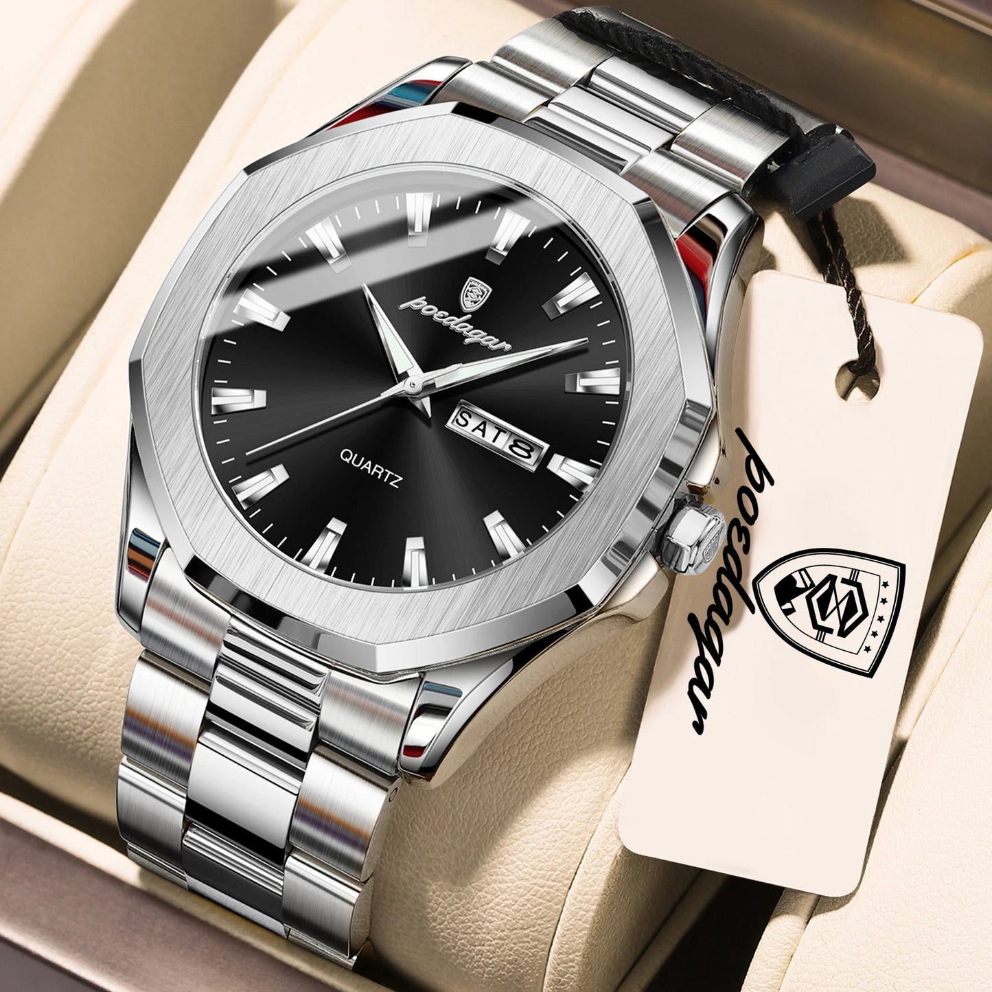 POEDAGAR Luxury Men Wristwatch Waterproof Luminous Week Date Casual Man Clock Stainless Steel Quartz Fashion Men's Watches Reloj