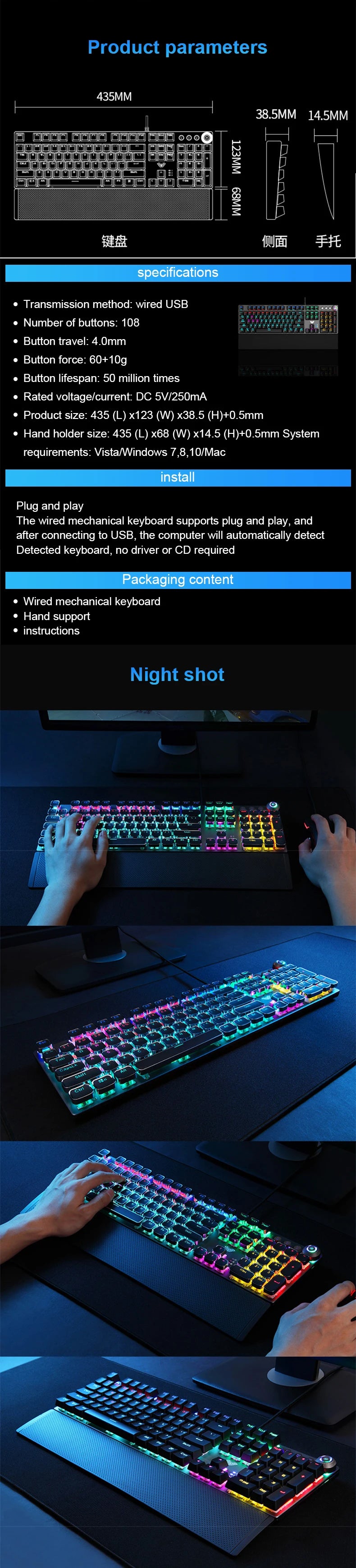 AULA F2088 mechanische kabelgebundene Gaming-Tastatur mit Multifunktions-Drehregler, 104 Tasten, magischer Hintergrundbeleuchtung und Makroprogrammierung für Computer
