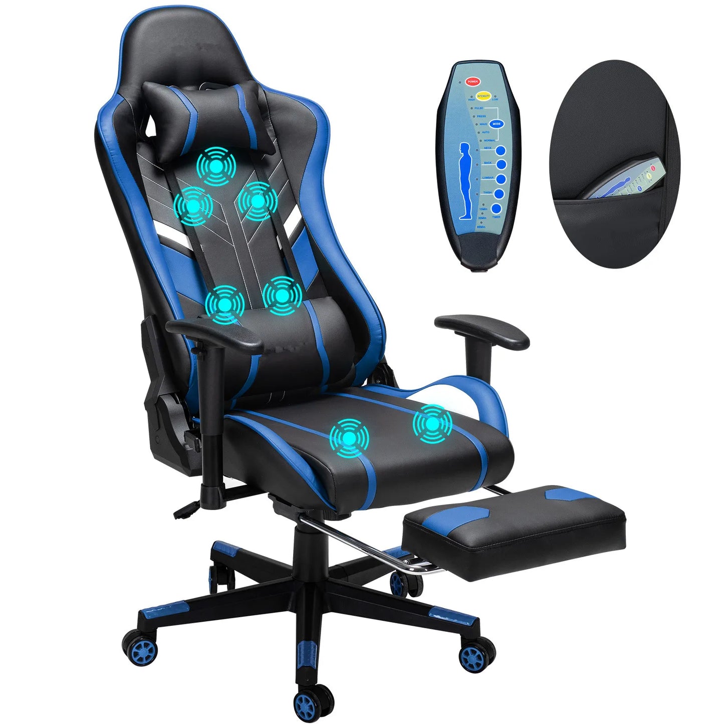 Massage Gaming Chair Ergonomic Office Chair with Footrest, 7-Point Massage Gaming Chair with Lumbar Support, Reclining Gamer Seat GC-RC03