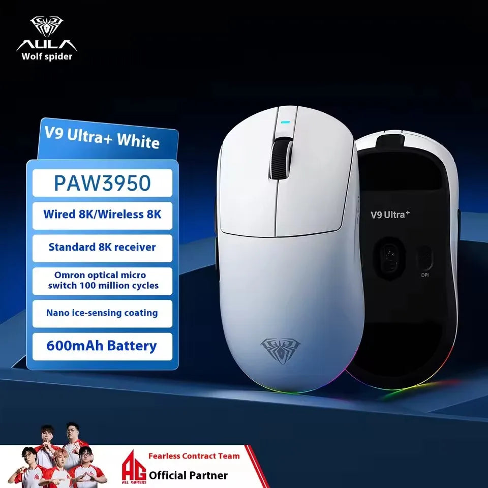Aula V9 Ultra bezdrátová e-sportovní herní myš, duální 8k, 3 režimy, PAW 3950, 8k, 55g, lehká ergonomická myš, zakázkové příslušenství k PC