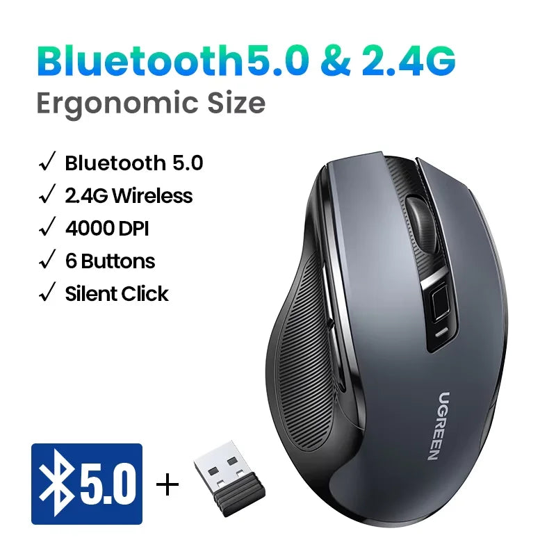 Bezdrátová myš UGREEN Bluetooth 5.0, ergonomická myš 4000 DPI se 6 tichými tlačítky pro MacBook, tablet, notebooky, počítač PC, 2.4G myš