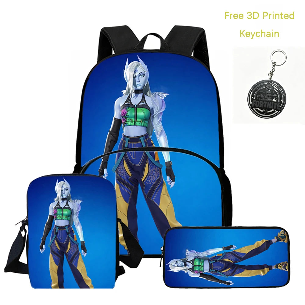FORTNITE 3-Piece Lightweight Backpack Set with Front Pocket, Crossbody Bag & Pencil Case for Ages 5-9 Boys and Girls, Includes Free 3D Printed Keychain