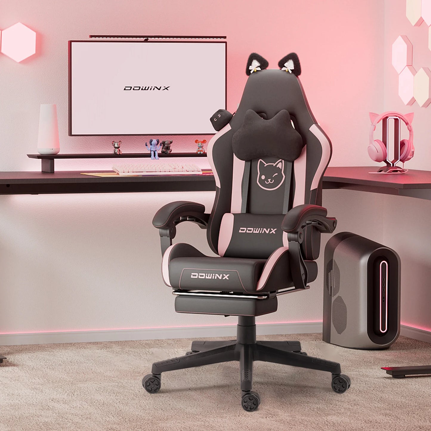 Silla gaming cute con orejas de gato, reposapiés rosa kawaii, silla de ordenador ergonómica de respaldo alto para gamers con soporte lumbar de pata de gato