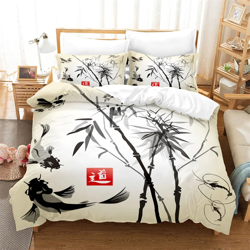 Juego de funda nórdica con pintura de bambú, ropa de cama de estilo chino, conjunto juvenil de lino para cama Queen Size, funda para edredón, ropa de cama de moda