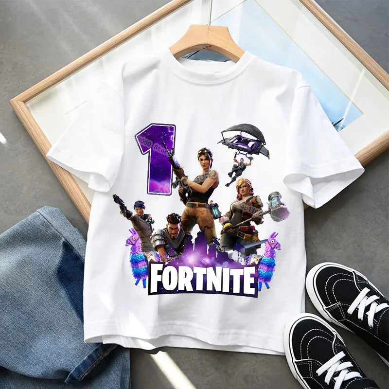 Fortnite Kindergeburtstag Zahlen-T-Shirt für Mädchen und Jungen, Sommerkleidung, Baby-Baumwoll-T-Shirt, Party-Kurzarm-Oberteil, Geschenk für Kleinkinder