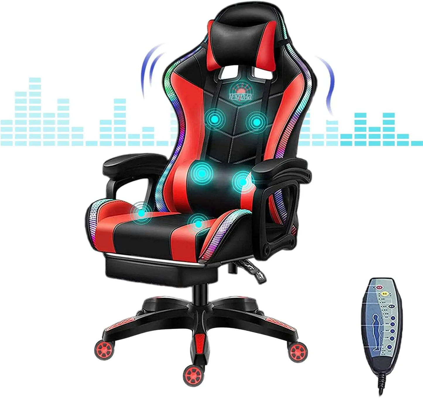 RGB Gaming Chair Ergonomic Massage Chair with LED Lights, Bluetooth Speakers, Footrest, Lumbar Support, Reclining High Back E-Sports Chair
