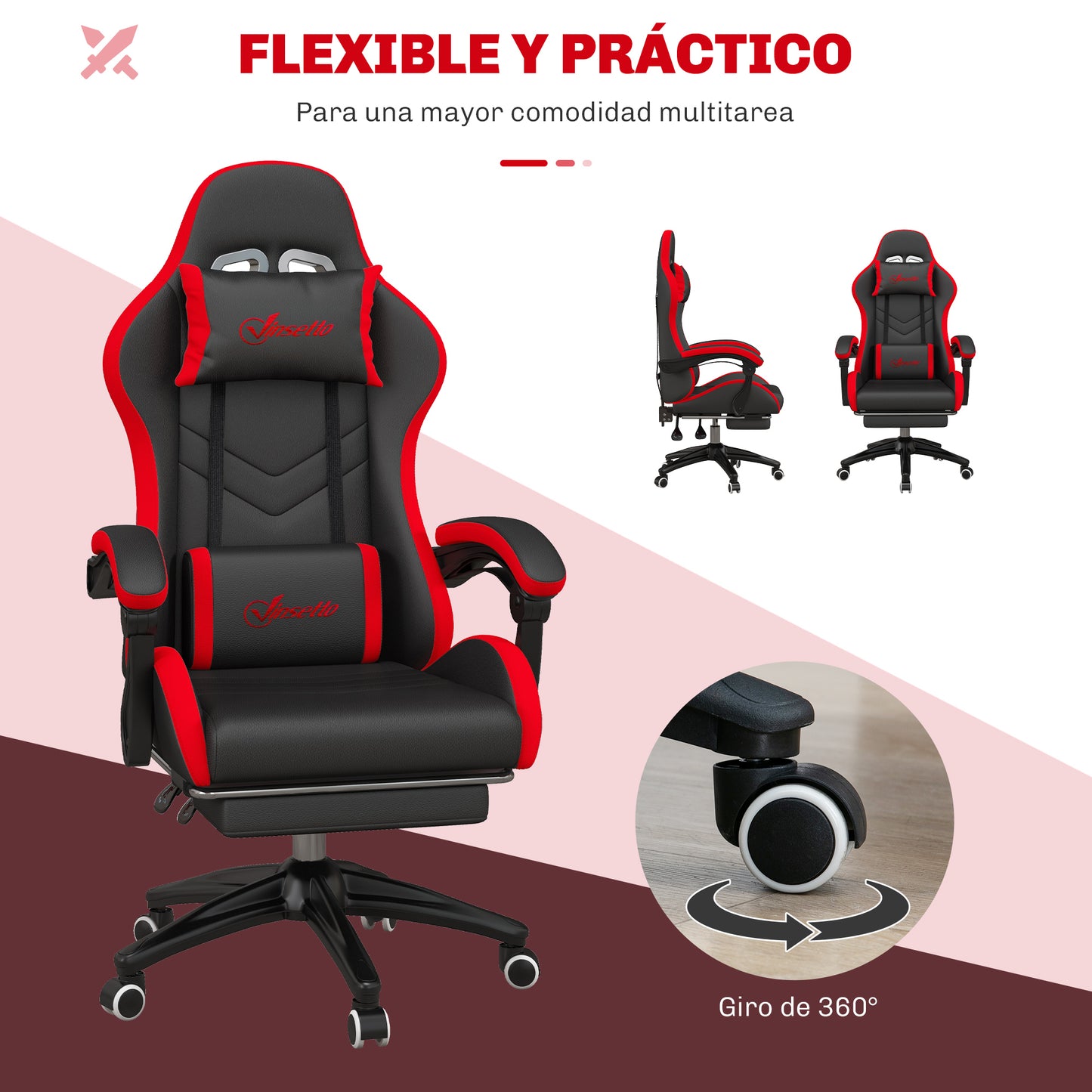 Vinsetto Ergonomic Reclining Gaming Chair 135°, PU Leather Racing Gamer Chair with Lumbar Support, Adjustable Height, Headrest and Retractable Footrest, for Office, Study, Black and Red