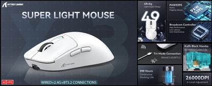 ATTACK SHARK X3 kabellose Gaming-Maus PixArt PAW3395 49g SUPERLIGHT, BT/2.4G kabellos/kabelgebunden, 6 einstellbare DPI-Stufen bis zu 26000