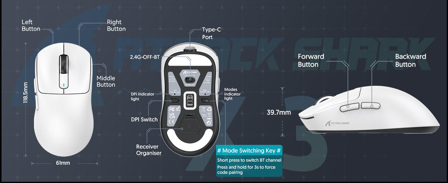 ATTACK SHARK X3 kabellose Gaming-Maus PixArt PAW3395 49g SUPERLIGHT, BT/2.4G kabellos/kabelgebunden, 6 einstellbare DPI-Stufen bis zu 26000