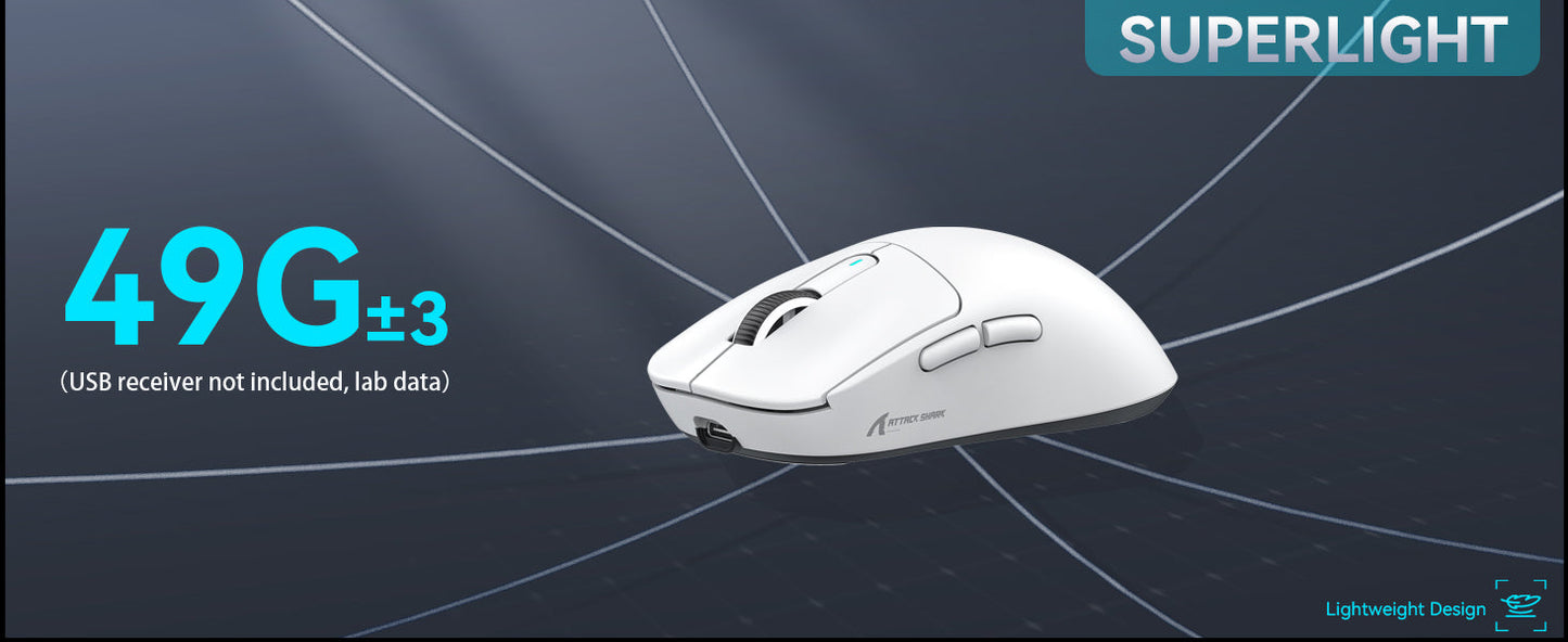 ATTACK SHARK X3 kabellose Gaming-Maus PixArt PAW3395 49g SUPERLIGHT, BT/2.4G kabellos/kabelgebunden, 6 einstellbare DPI-Stufen bis zu 26000