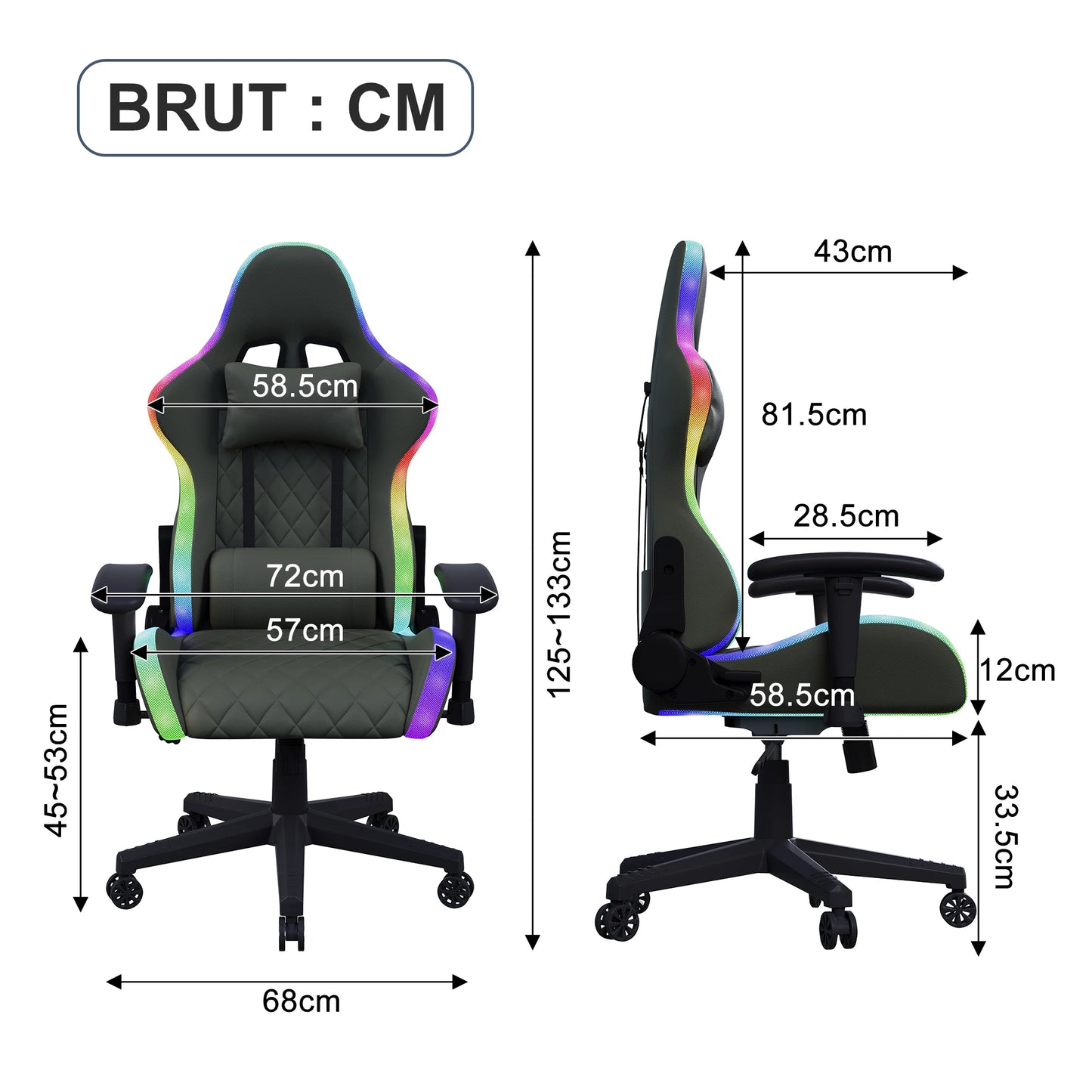 Superaly 72x58.5x125-133cm Ergonomic Gaming Chair RGB Light, Gamer Chair, PU Leather Office Chair with Headrest & Lumbar Cushion