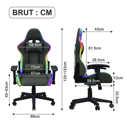 Superaly 72x58.5x125-133cm Ergonomic Gaming Chair RGB Light, Gamer Chair, PU Leather Office Chair with Headrest & Lumbar Cushion