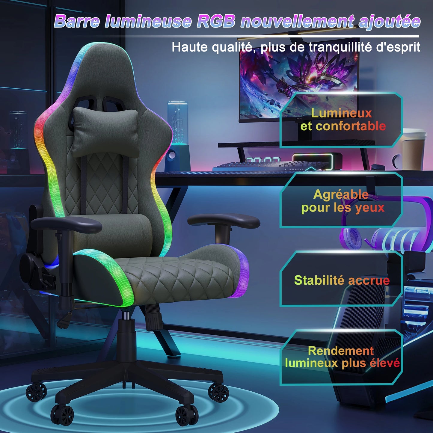 Superaly 72x58.5x125-133cm Ergonomic Gaming Chair RGB Light, Gamer Chair, PU Leather Office Chair with Headrest & Lumbar Cushion