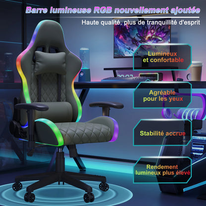 Superaly 72x58.5x125-133cm Ergonomic Gaming Chair RGB Light, Gamer Chair, PU Leather Office Chair with Headrest & Lumbar Cushion