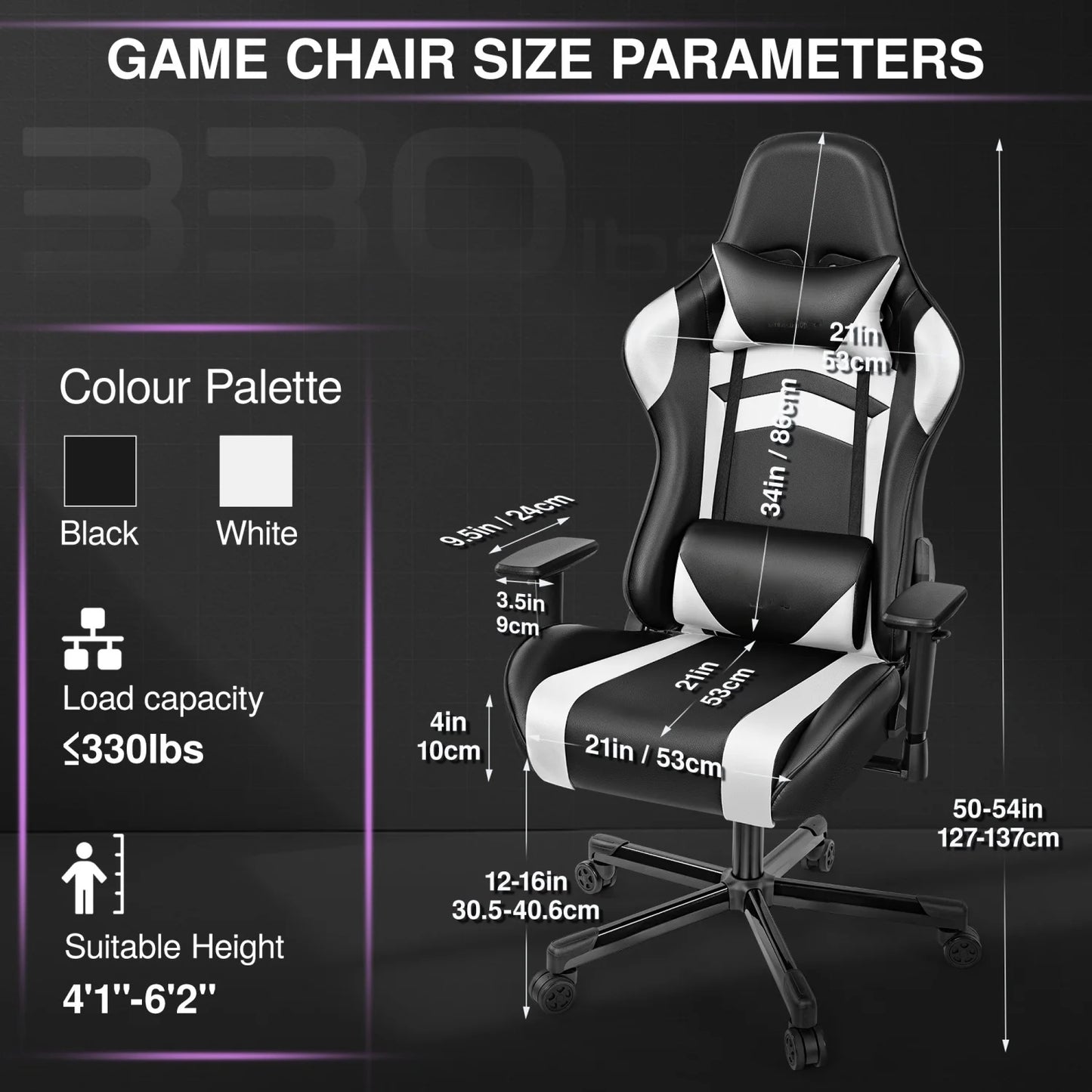 Gaming chair, PU leather adjustable in multiple directions, with lumbar support and headrest, ergonomic, black and white