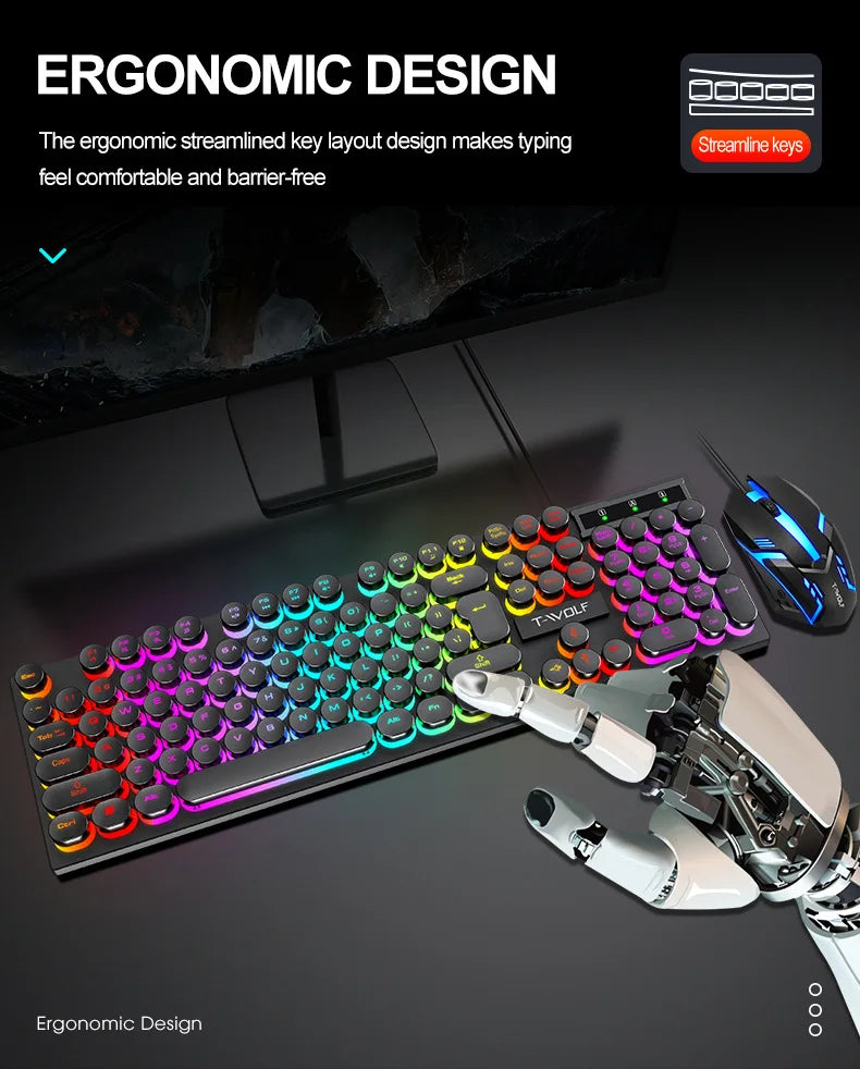 Russian Keyboard with Russian English Letter 100% Keyboard Mouse Kit Translucent Keycaps Backlight Punk Round Keycap Wired TF270
