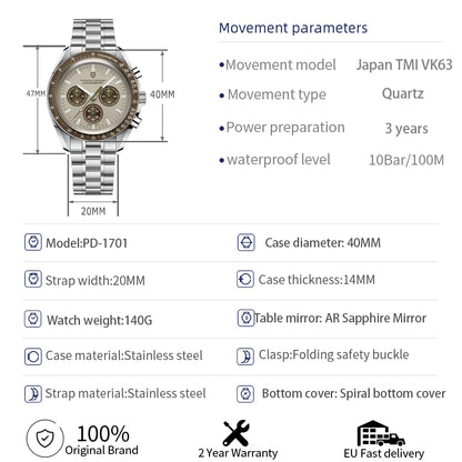 Orologio da uomo PAGANI DESIGN Planetary Series Saturn Light Tan al quarzo, cronografo Speed, vetro zaffiro AR, novità 2026