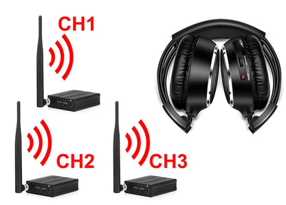 RF Silent Disco Foldable Wireless Headphones Bundle (3 Pcs with 1 Transmitter in 500m) --House Party TV Dancing