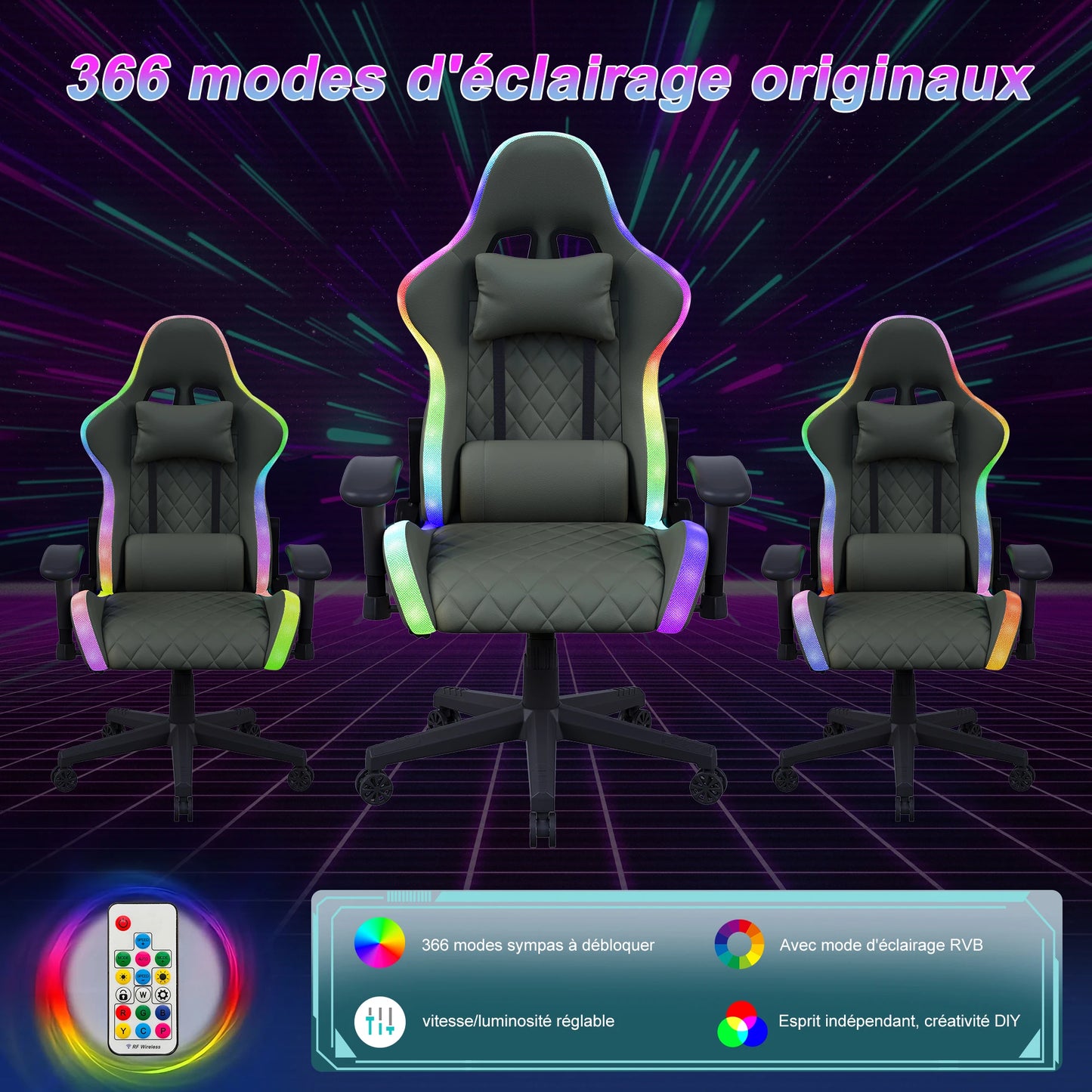 Superaly 72x58.5x125-133cm Ergonomic Gaming Chair RGB Light, Gamer Chair, PU Leather Office Chair with Headrest & Lumbar Cushion