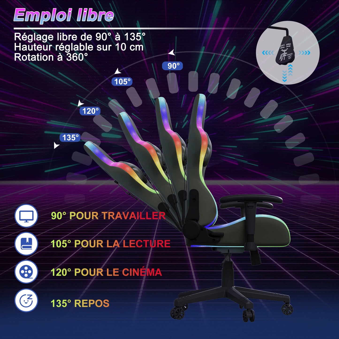 Superaly 72x58.5x125-133cm Ergonomic Gaming Chair RGB Light, Gamer Chair, PU Leather Office Chair with Headrest & Lumbar Cushion