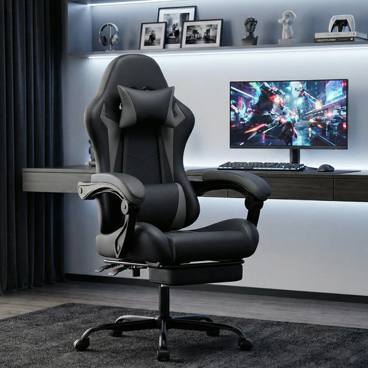 Ergonomic Gaming Chair with Footrest, PU Leather Racing Style Computer Chair, Adjustable Reclining Office Chair with Lumbar Support & Headrest