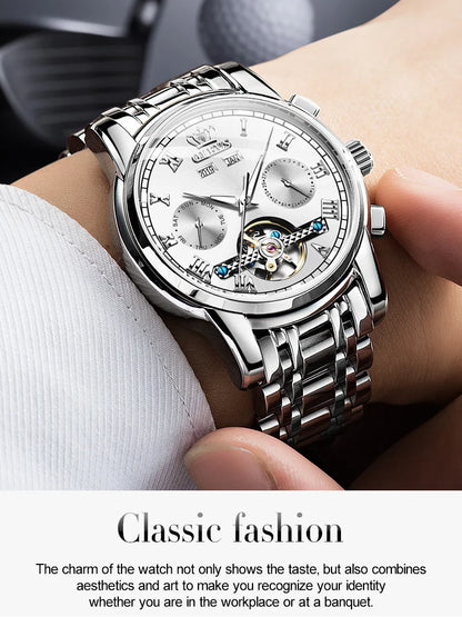 OLEVS Men's Watches Automatic Mechanical Business Wristwatch Waterproof Stainless Steel Strap Watch for Man Skeleton Calendar