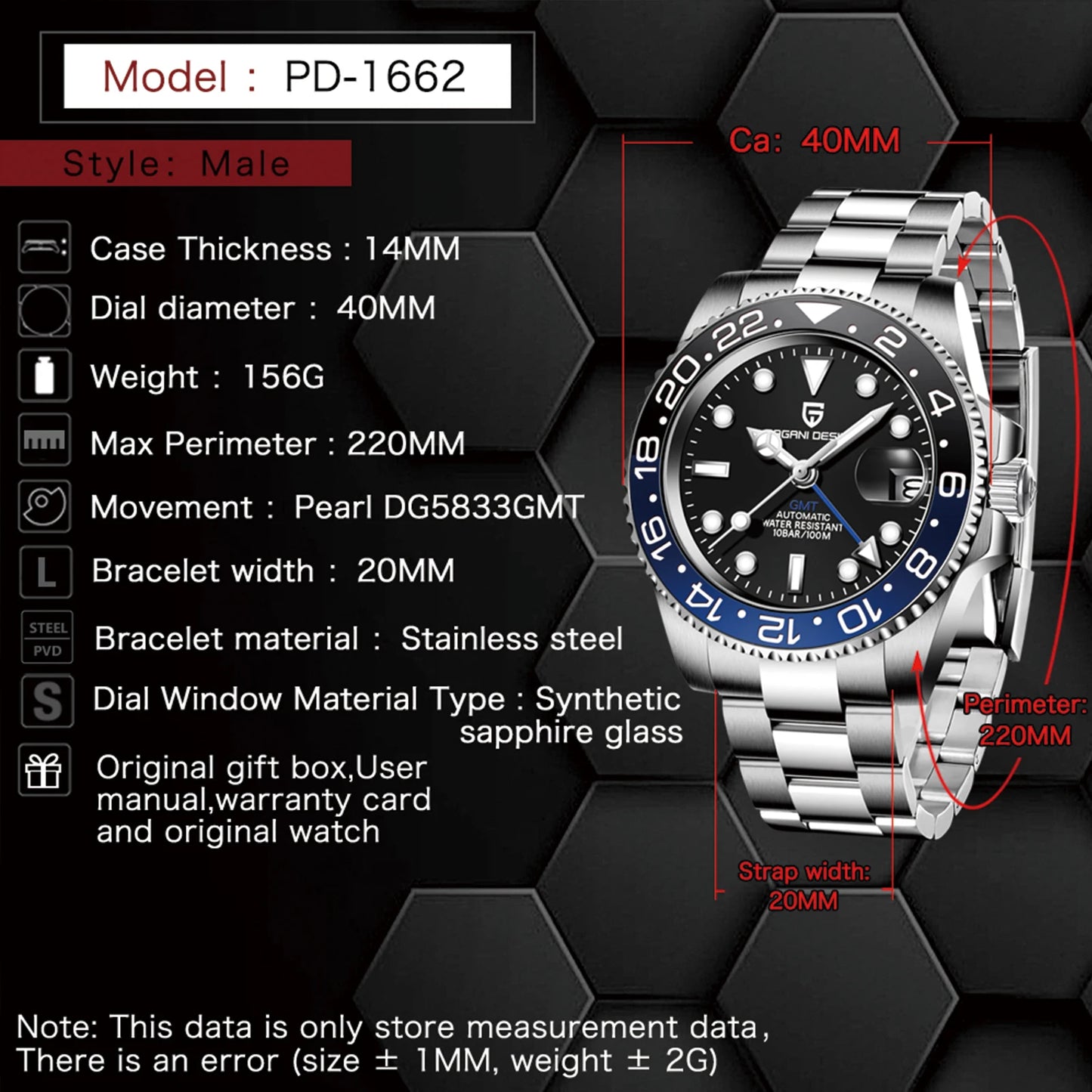 2025 New PAGANI DESIGN Luxurys Men Mechanical Watches Stainless Steel GMT Watch Top Brand Sapphire Glass Men for Watch PD-1662