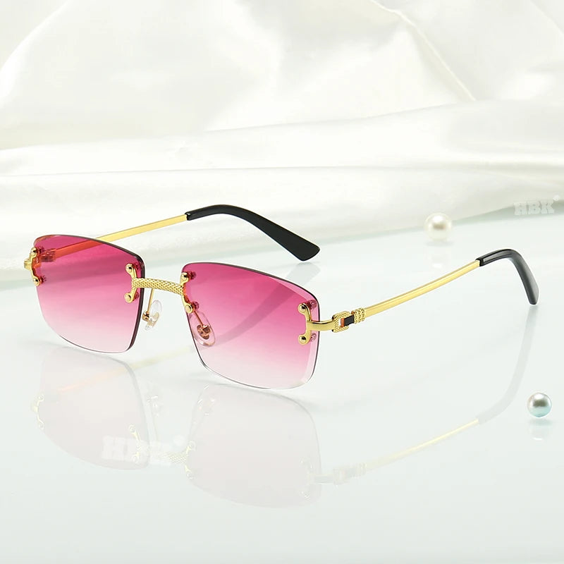 HBK Square Rimless Sunglasses Women Retro Metal Sun Glasses Men Luxury Party Business Gradient Shades 2024 Summer Style