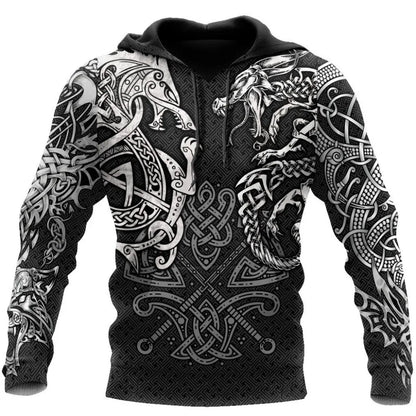 Sudadera con capucha Fashion Fenrir Wolf And Dragon Tattoo 3D con estampado integral para hombre, unisex, con cremallera, estilo casual, DW0220