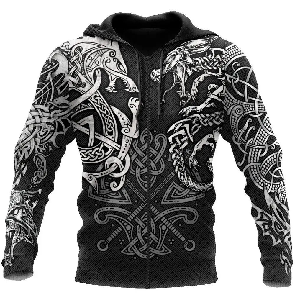Sudadera con capucha Fashion Fenrir Wolf And Dragon Tattoo 3D con estampado integral para hombre, unisex, con cremallera, estilo casual, DW0220