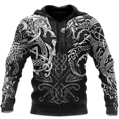 Sudadera con capucha Fashion Fenrir Wolf And Dragon Tattoo 3D con estampado integral para hombre, unisex, con cremallera, estilo casual, DW0220