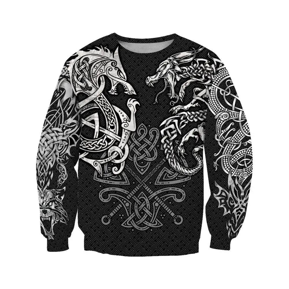 Sudadera con capucha Fashion Fenrir Wolf And Dragon Tattoo 3D con estampado integral para hombre, unisex, con cremallera, estilo casual, DW0220