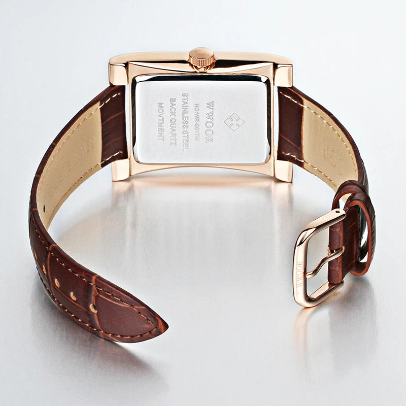 WWOOR Brand Classic Fashion Mens Rectangle Watches Male Gold Brown Leather Quartz Waterproof Wrist Watch For Men Calendar Clocks