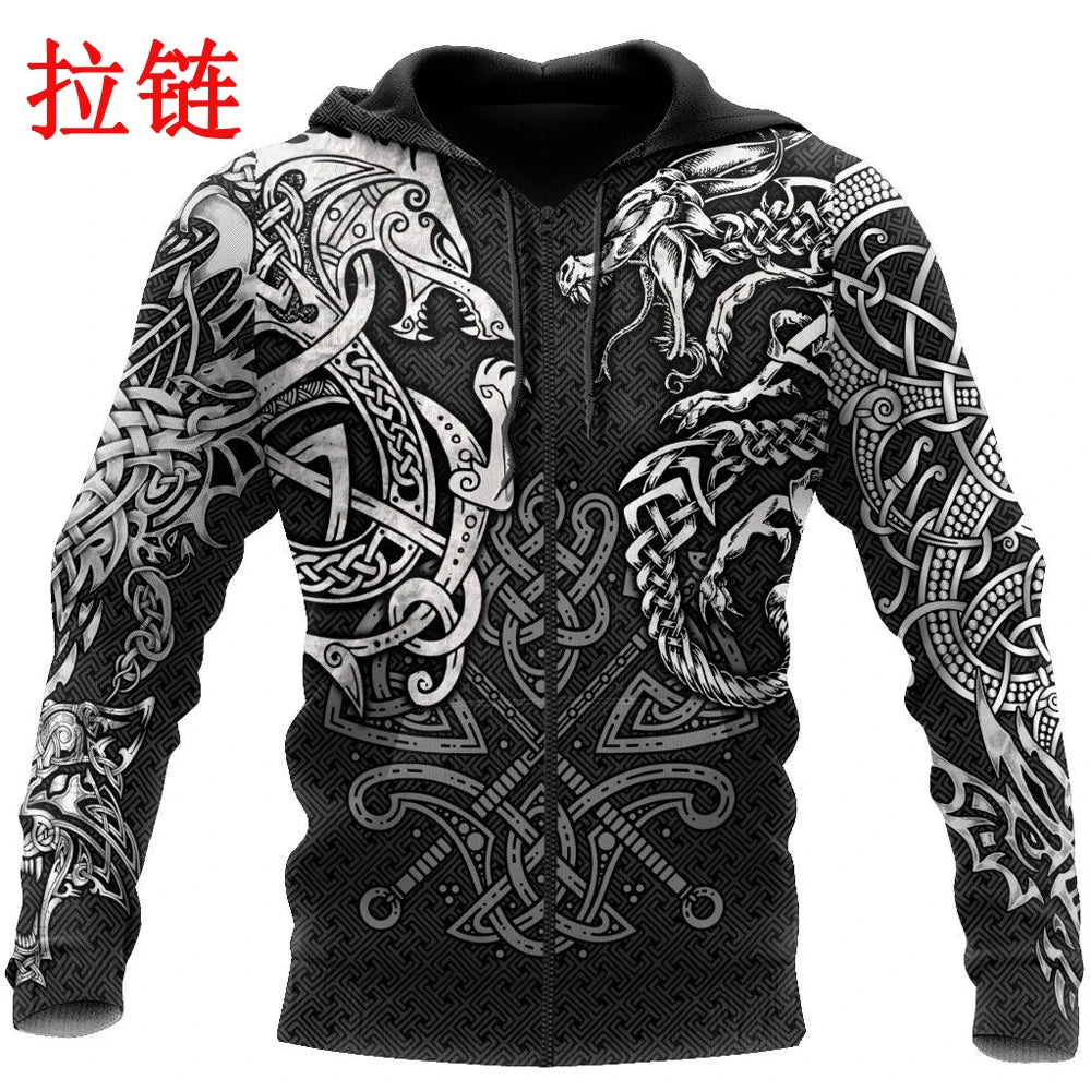 Sudadera con capucha Fashion Fenrir Wolf And Dragon Tattoo 3D con estampado integral para hombre, unisex, con cremallera, estilo casual, DW0220