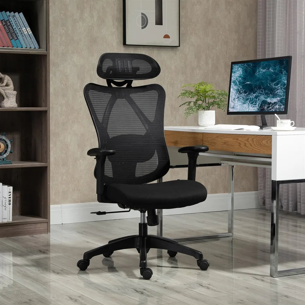 Vinsetto swivel office chair with armrest 2D height adjustable chair headrest Lumbar support 67x64x127cm black