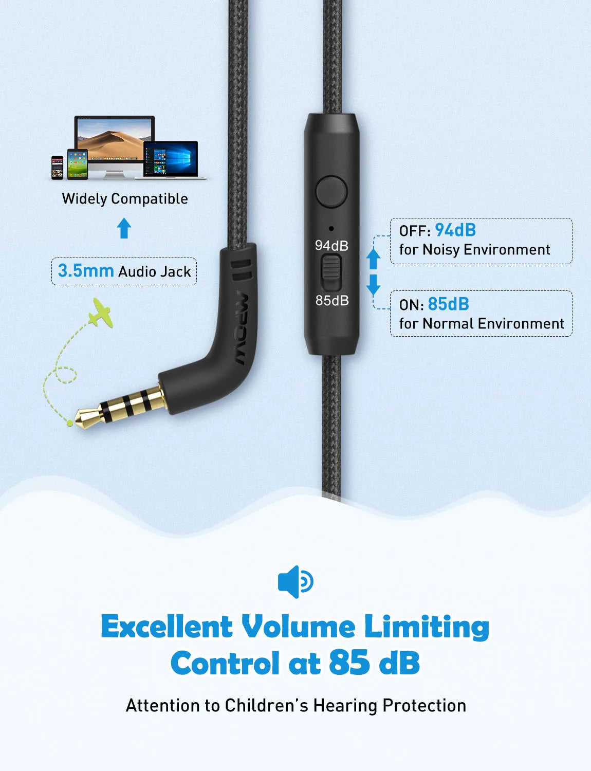 Écouteurs filaires Ow CH6S avec microphone pour enfants, matériau de qualité alimentaire, écouteurs supra-auriculaires pour enfants, IPad Kindle Morning, Max 85dB