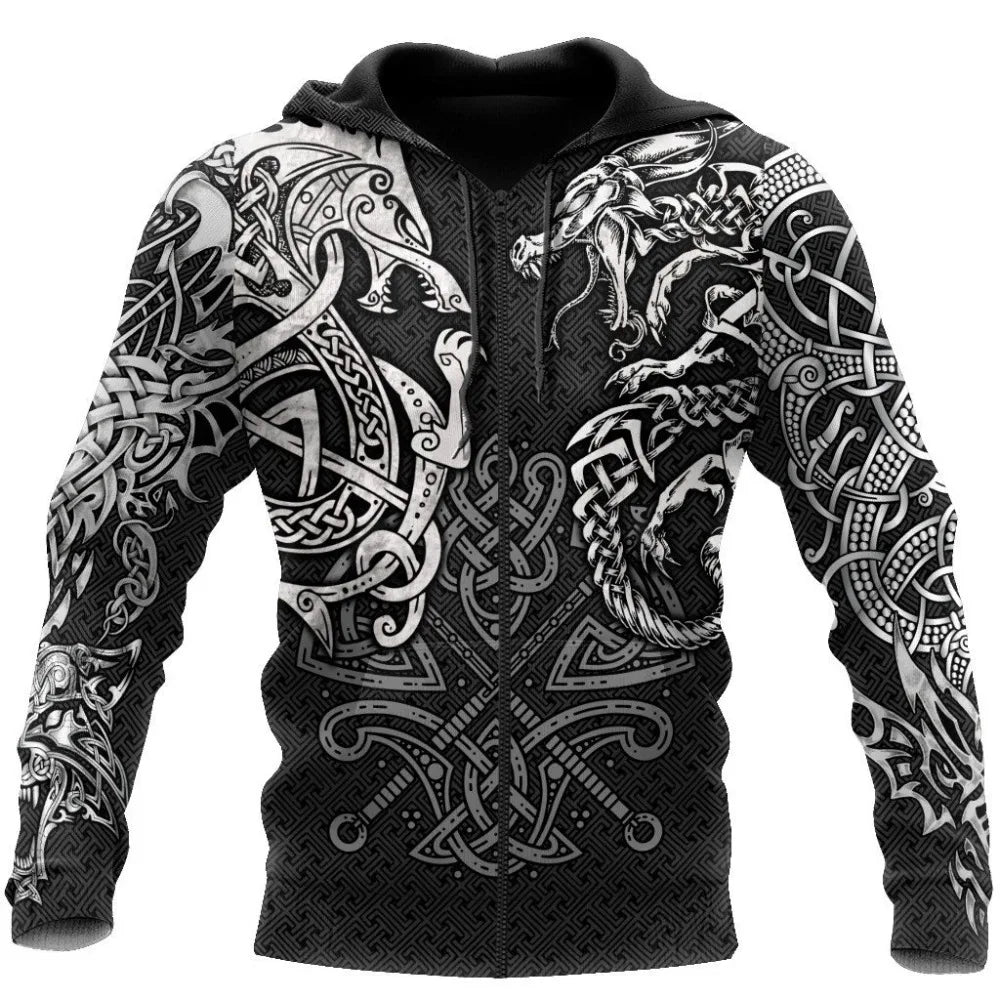 Sudadera con capucha Fashion Fenrir Wolf And Dragon Tattoo 3D con estampado integral para hombre, unisex, con cremallera, estilo casual, DW0220