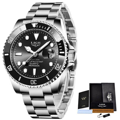 Reloj de buceo de lujo para hombre, de la marca LIGE, resistente al agua hasta 3 ATM, con indicador de fecha, reloj deportivo de cuarzo