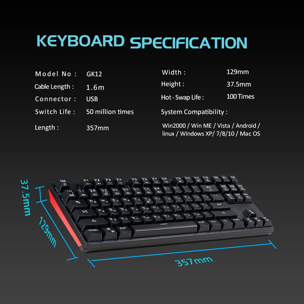 HEXGEARS Mechanical Keyboard gaming Hot-swappable Switch Russian 87 Key Waterproof Kailh BOX Switch Keyboard Custom macro GK12