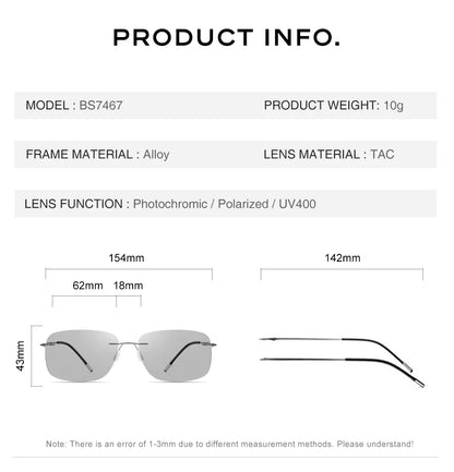 CAPONI Square Sun Glasses For Men Photochromic Polarized Rimless Sunglasses Classic Design High Quality Eyewear UV400 BS7467