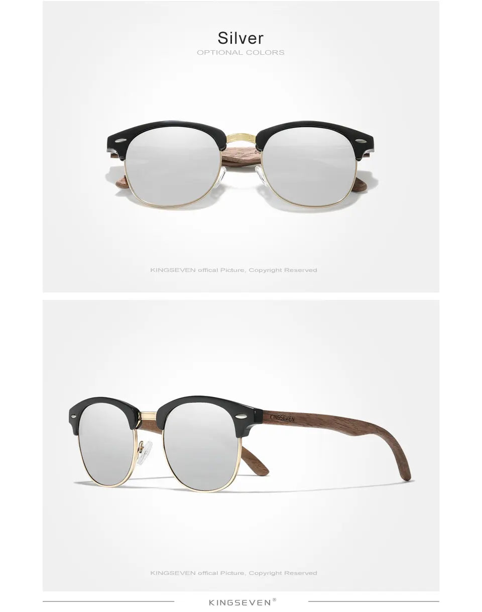 KINGSEVEN New Walnut Wooden Sunglasses For Men Polarized Semi-Rimless Glasses UV400 Eye Protection Retro Eyewear Women Accessory