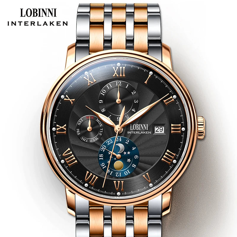 LOBINNI Men Watches Fashion Brand wrist watch Seagull Automatic Mechanical Clock Sapphire Moon Phase relogio masculino L1023B-2