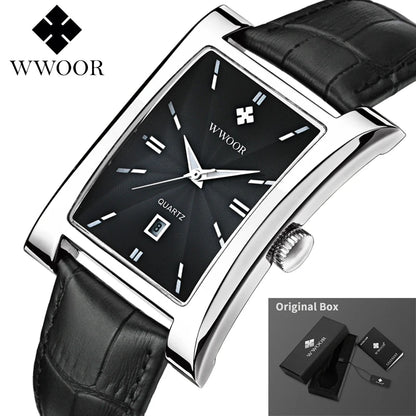WWOOR Brand Classic Fashion Mens Rectangle Watches Male Gold Brown Leather Quartz Waterproof Wrist Watch For Men Calendar Clocks
