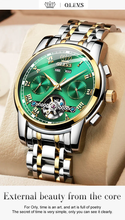 OLEVS Men's Watches Automatic Mechanical Business Wristwatch Waterproof Stainless Steel Strap Watch for Man Skeleton Calendar