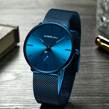 Vyriškas laikrodis CRRJU – prabangus kvarcinis laikrodis, kasdieniško stiliaus, plonas, su plienine grandinine apyranke, atsparus vandeniui ir sportiškas.