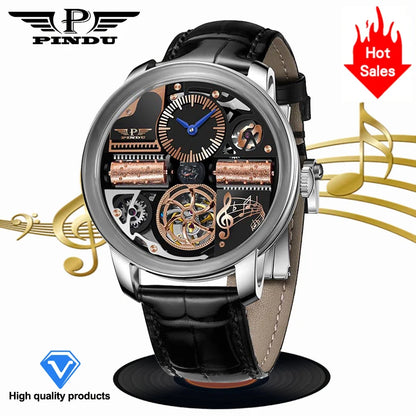 Relógio Automático de Luxo para Homem PINDU Design Music Series 2025 Novo, Movimento Mecânico, Aço Inoxidável, Vidro de Safira, Esqueleto